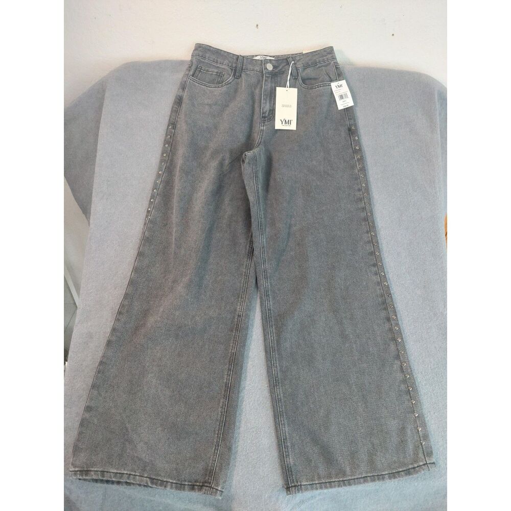 NWT YMI High Rise Wide Leg Studded Gray Jeans Size 9/29 - Picture 2 of 10